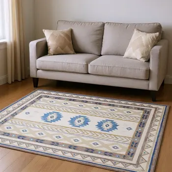 5' X 8' Taupe Ivory And Blue Geometric Washable Area Rug With UV Protection