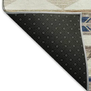 5' X 8' Taupe Ivory And Blue Geometric Washable Area Rug With UV Protection