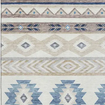 5' X 8' Taupe Ivory And Blue Geometric Washable Area Rug With UV Protection