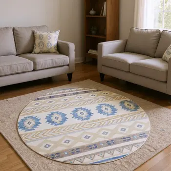 8' Taupe Ivory And Blue Geometric Washable Round Rug With UV Protection