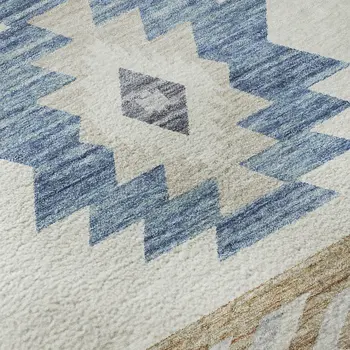 8' Taupe Ivory And Blue Geometric Washable Round Rug With UV Protection