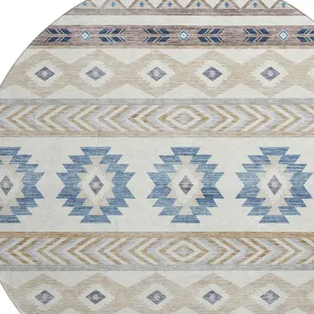 8' Taupe Ivory And Blue Geometric Washable Round Rug With UV Protection