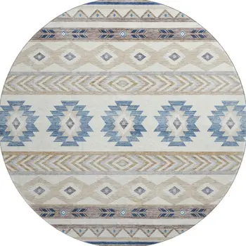 8' Taupe Ivory And Blue Geometric Washable Round Rug With UV Protection