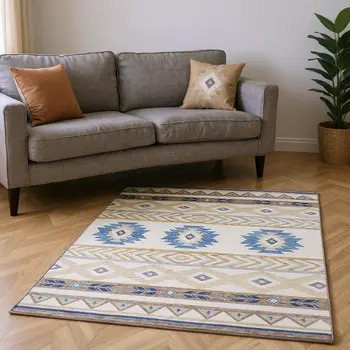 8' X 10' Taupe Ivory And Blue Geometric Washable Area Rug With UV Protection