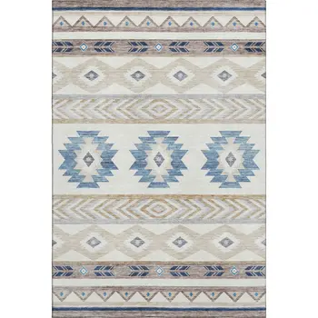 8' X 10' Taupe Ivory And Blue Geometric Washable Area Rug With UV Protection