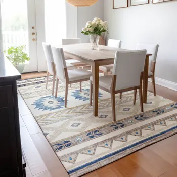 8' X 10' Taupe Ivory And Blue Geometric Washable Area Rug With UV Protection