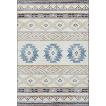 8' X 10' Taupe Ivory And Blue Geometric Washable Area Rug With UV Protection