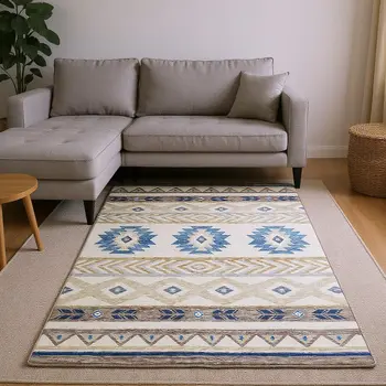 9' X 12' Taupe Ivory And Blue Geometric Washable Area Rug With UV Protection