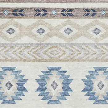 10' X 14' Taupe Ivory And Blue Geometric Washable Area Rug With UV Protection