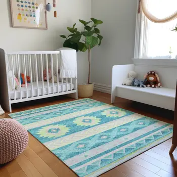 3' X 5' Persian Blue Lime Green And Silver Geometric Washable Area Rug With UV Protection