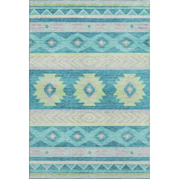 3' X 5' Persian Blue Lime Green And Silver Geometric Washable Area Rug With UV Protection