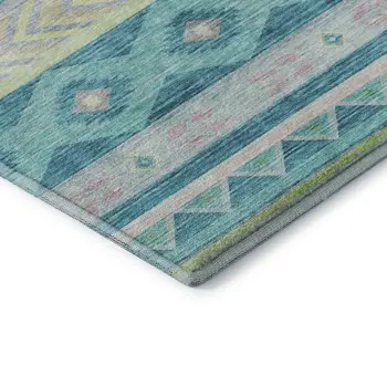 3' X 5' Persian Blue Lime Green And Silver Geometric Washable Area Rug With UV Protection