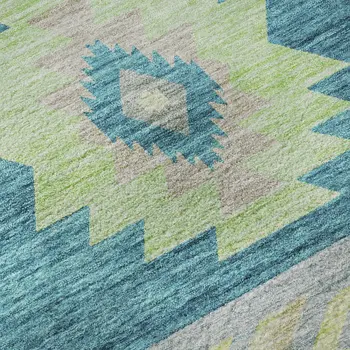 3' X 5' Persian Blue Lime Green And Silver Geometric Washable Area Rug With UV Protection