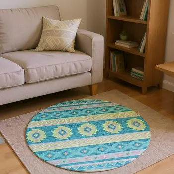 8' Persian Blue Lime Green And Silver Geometric Washable Round Rug With UV Protection