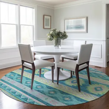 8' Persian Blue Lime Green And Silver Geometric Washable Round Rug With UV Protection