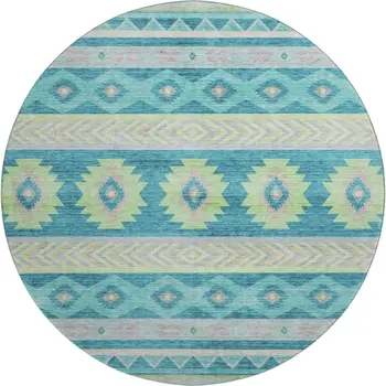 8' Persian Blue Lime Green And Silver Geometric Washable Round Rug With UV Protection