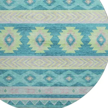 8' Persian Blue Lime Green And Silver Geometric Washable Round Rug With UV Protection