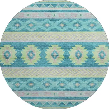 8' Persian Blue Lime Green And Silver Geometric Washable Round Rug With UV Protection