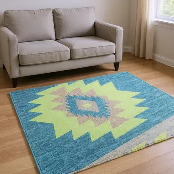 8' X 10' Persian Blue Lime Green And Silver Geometric Washable Area Rug With UV Protection