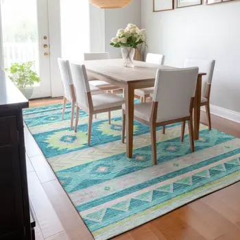 9' X 12' Persian Blue Lime Green And Silver Geometric Washable Area Rug With UV Protection