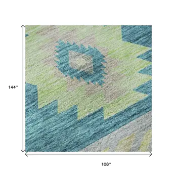 9' X 12' Persian Blue Lime Green And Silver Geometric Washable Area Rug With UV Protection