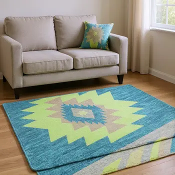 9' X 12' Persian Blue Lime Green And Silver Geometric Washable Area Rug With UV Protection