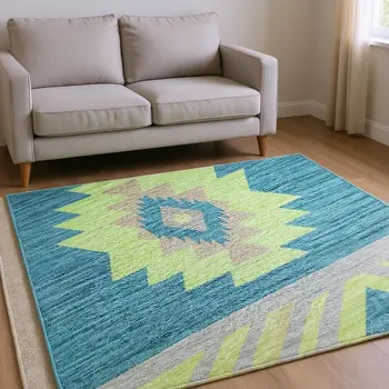10' X 14' Persian Blue Lime Green And Silver Geometric Washable Area Rug With UV Protection
