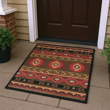 3' X 5' Brown Green And Rust Geometric Washable Area Rug With UV Protection