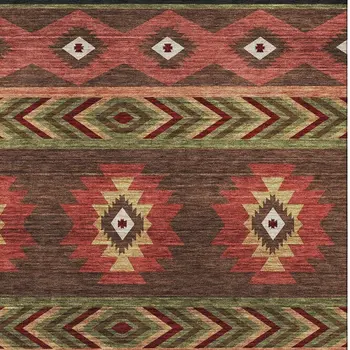 3' X 5' Brown Green And Rust Geometric Washable Area Rug With UV Protection