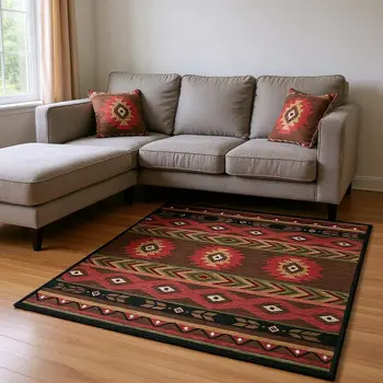 5' X 8' Brown Green And Rust Geometric Washable Area Rug With UV Protection
