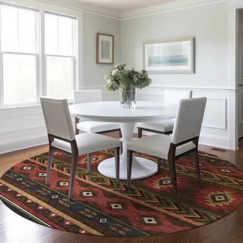 8' Brown Green And Rust Geometric Washable Round Rug With UV Protection