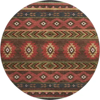 8' Brown Green And Rust Geometric Washable Round Rug With UV Protection