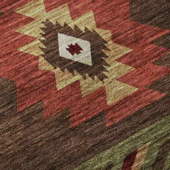 8' Brown Green And Rust Geometric Washable Round Rug With UV Protection