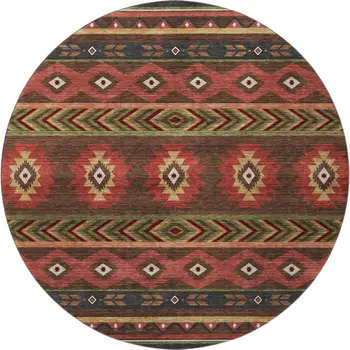 8' Brown Green And Rust Geometric Washable Round Rug With UV Protection