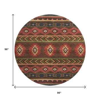 8' Brown Green And Rust Geometric Washable Round Rug With UV Protection