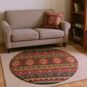 8' Brown Green And Rust Geometric Washable Round Rug With UV Protection