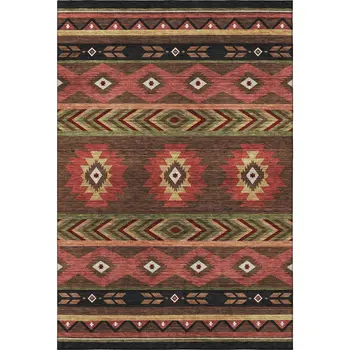 9' X 12' Brown Green And Rust Geometric Washable Area Rug With UV Protection