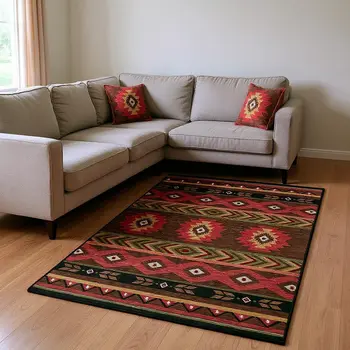 10' X 14' Brown Green And Rust Geometric Washable Area Rug With UV Protection