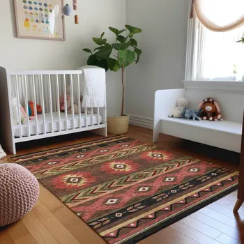 10' X 14' Brown Green And Rust Geometric Washable Area Rug With UV Protection