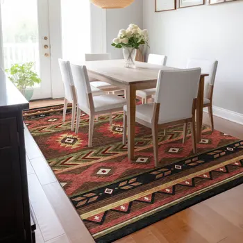 10' X 14' Brown Green And Rust Geometric Washable Area Rug With UV Protection
