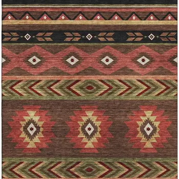 10' X 14' Brown Green And Rust Geometric Washable Area Rug With UV Protection