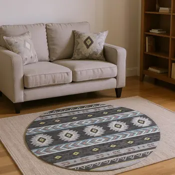 8' Midnight Gold And Ivory Geometric Washable Round Rug With UV Protection