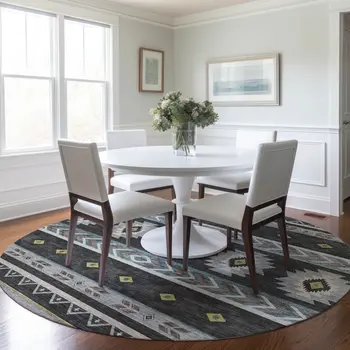 8' Midnight Gold And Ivory Geometric Washable Round Rug With UV Protection