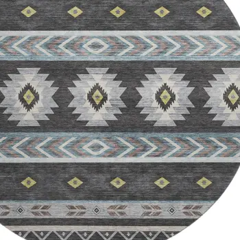 8' Midnight Gold And Ivory Geometric Washable Round Rug With UV Protection