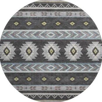 8' Midnight Gold And Ivory Geometric Washable Round Rug With UV Protection