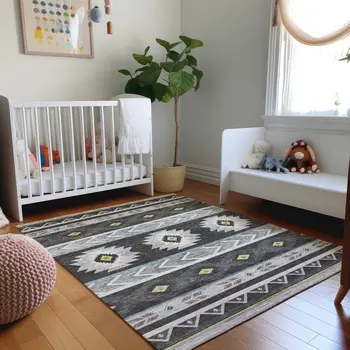 8' X 10' Midnight Gold And Ivory Geometric Washable Area Rug With UV Protection