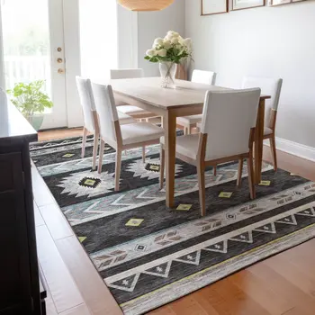 8' X 10' Midnight Gold And Ivory Geometric Washable Area Rug With UV Protection