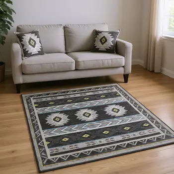 9' X 12' Midnight Gold And Ivory Geometric Washable Area Rug With UV Protection