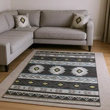 10' X 14' Midnight Gold And Ivory Geometric Washable Area Rug With UV Protection