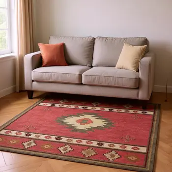 5' X 8' Cinnamon Ivory And Beige Geometric Washable Area Rug With UV Protection